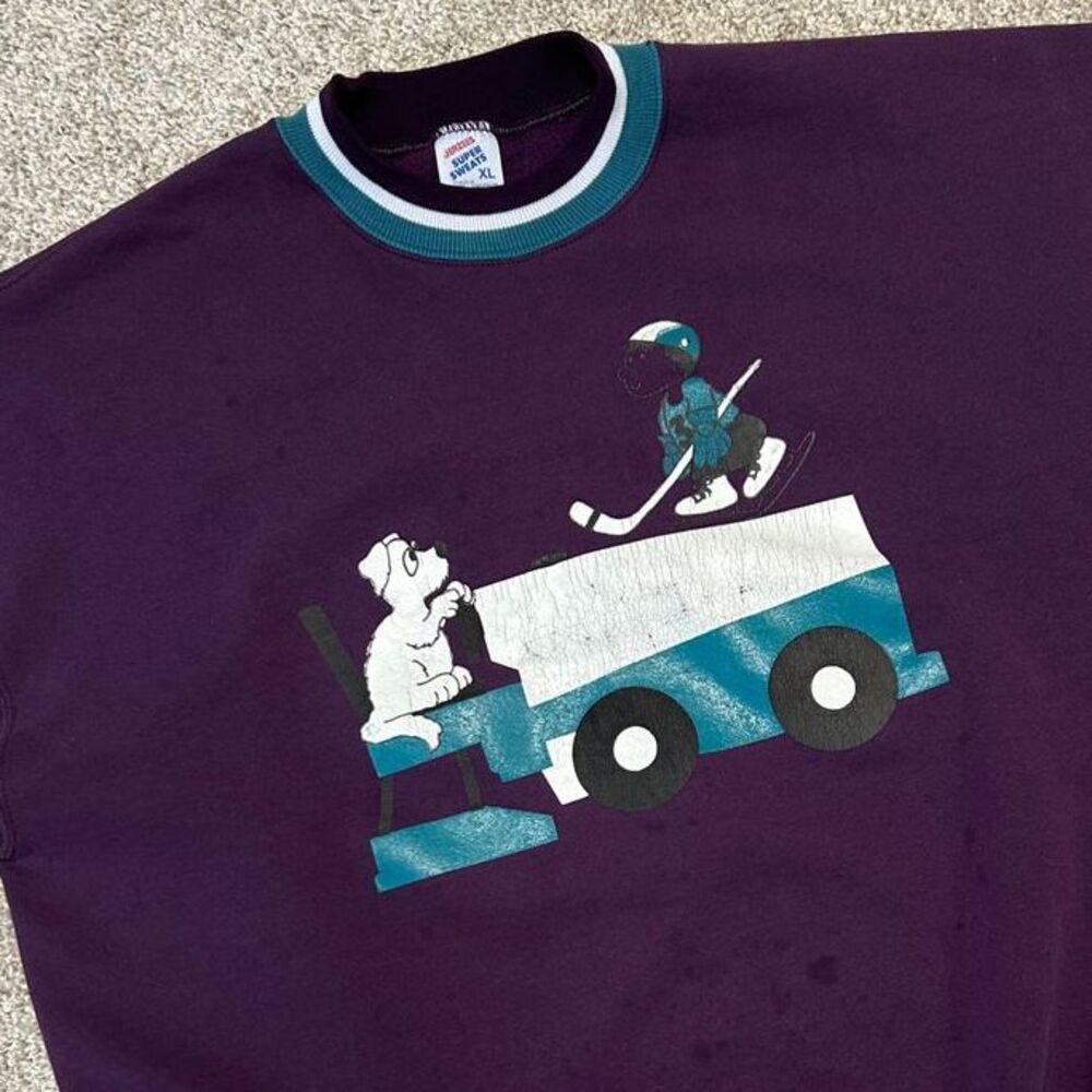 Vintage Hockey Sweatshirt Jerzees Super Sweat Men Size XL Made In USA Dog Purple